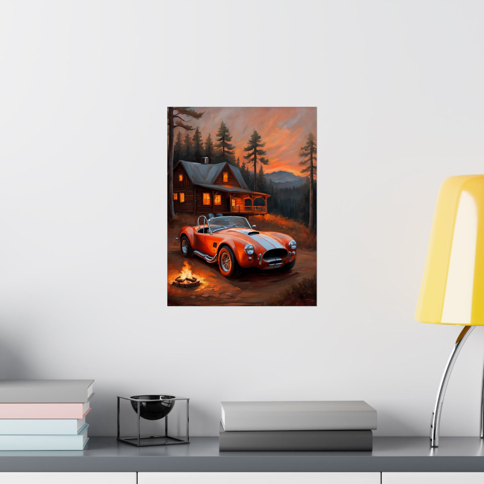 Cozy Mountain Car Poster, Auto Lovers Wall Art, Cabin Decor, Vintage Car Print, Rustic Home Decoration Printify