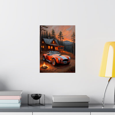Cozy Mountain Car Poster, Auto Lovers Wall Art, Cabin Decor, Vintage Car Print, Rustic Home Decoration Printify