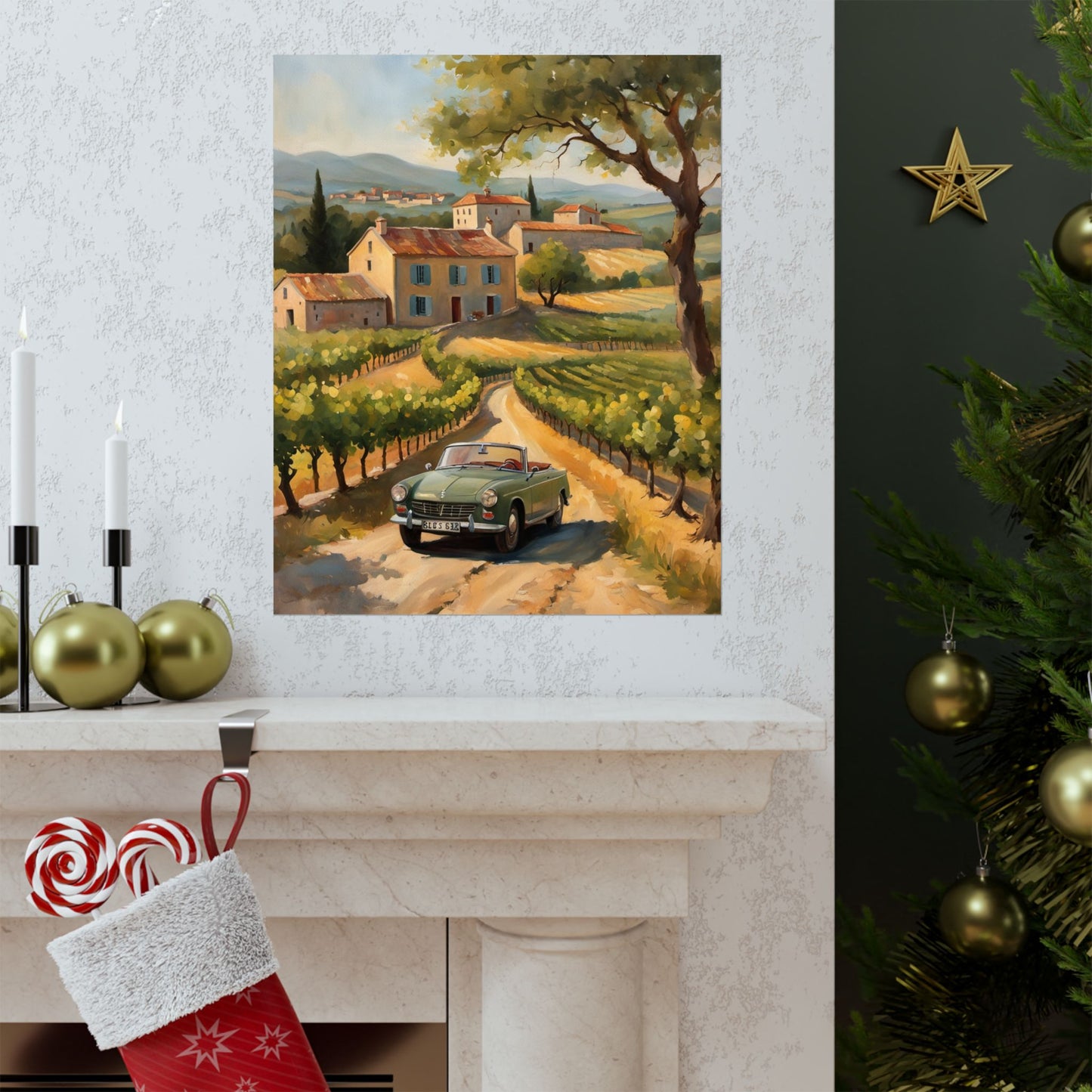 Vintage Car Landscape Poster, Wall Art Decor, Matte Vertical Print, Country Road Scene, Home Decor Gift, Retro Art, Gift for Car Lovers Printify