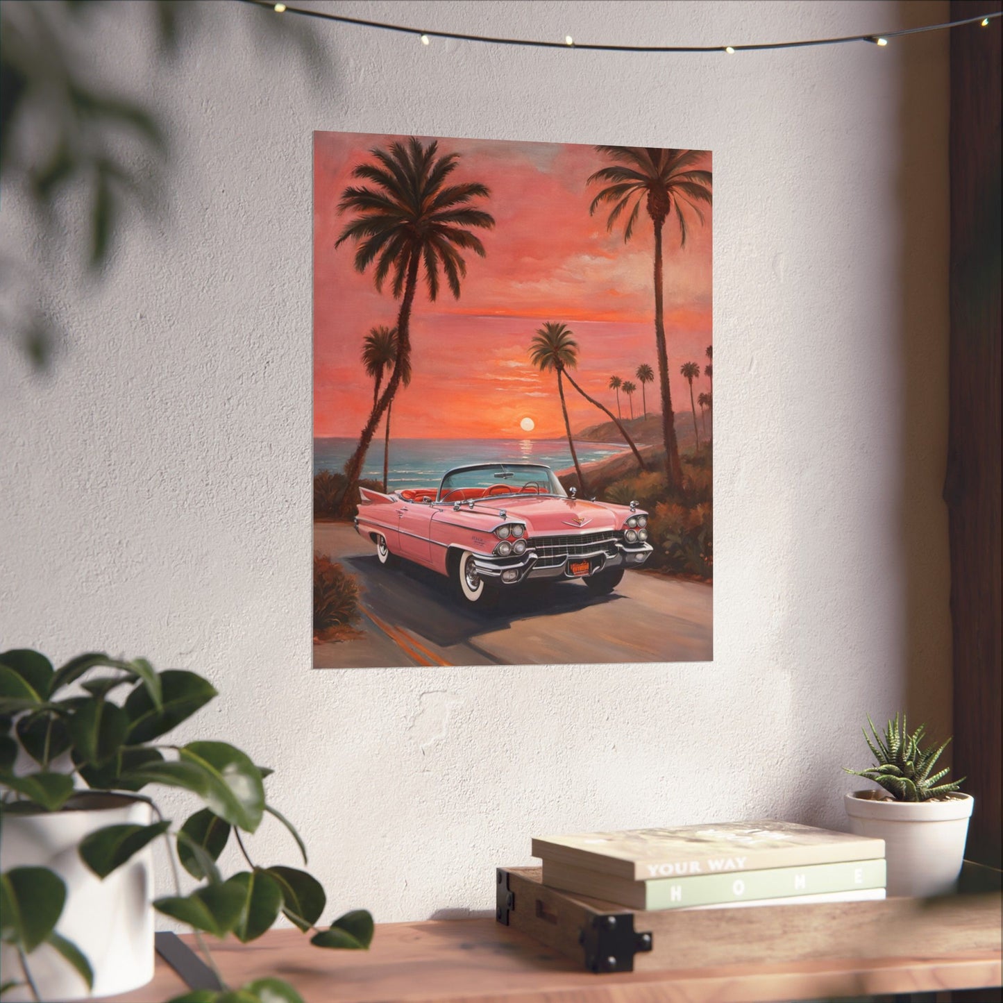 Retro Sunset Poster, Vintage Car Wall Art, 50s Decor, Tropical Vibes Home Decor, Gift for Car Lovers, Beach House Art - AquilVision