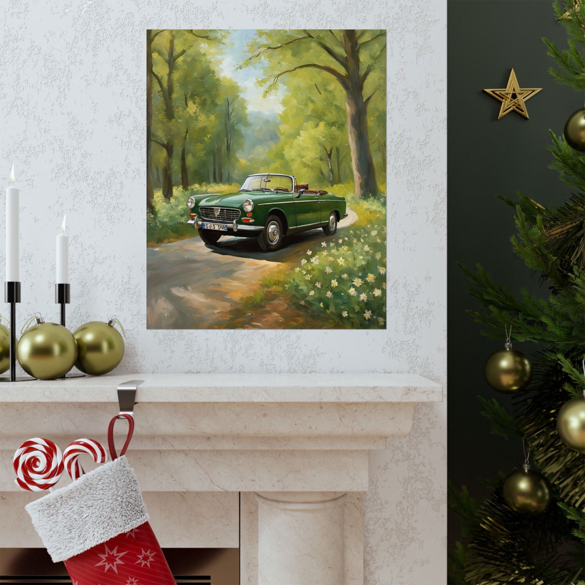 Vintage Convertible Car Art Print, Matte Vertical Posters for Home Decor, Classic Car Wall Art, Nature Lover Gift, Retro Car Aesthetic Printify