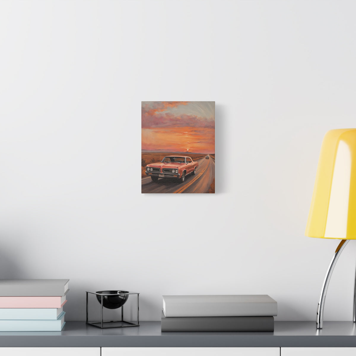 1964 Pontiac GTO Canvas Wall Art Vintage Coral Pink Muscle Car Painting Desert Highway Sunset Stretched Canvas Print for Living Room Office Decor
