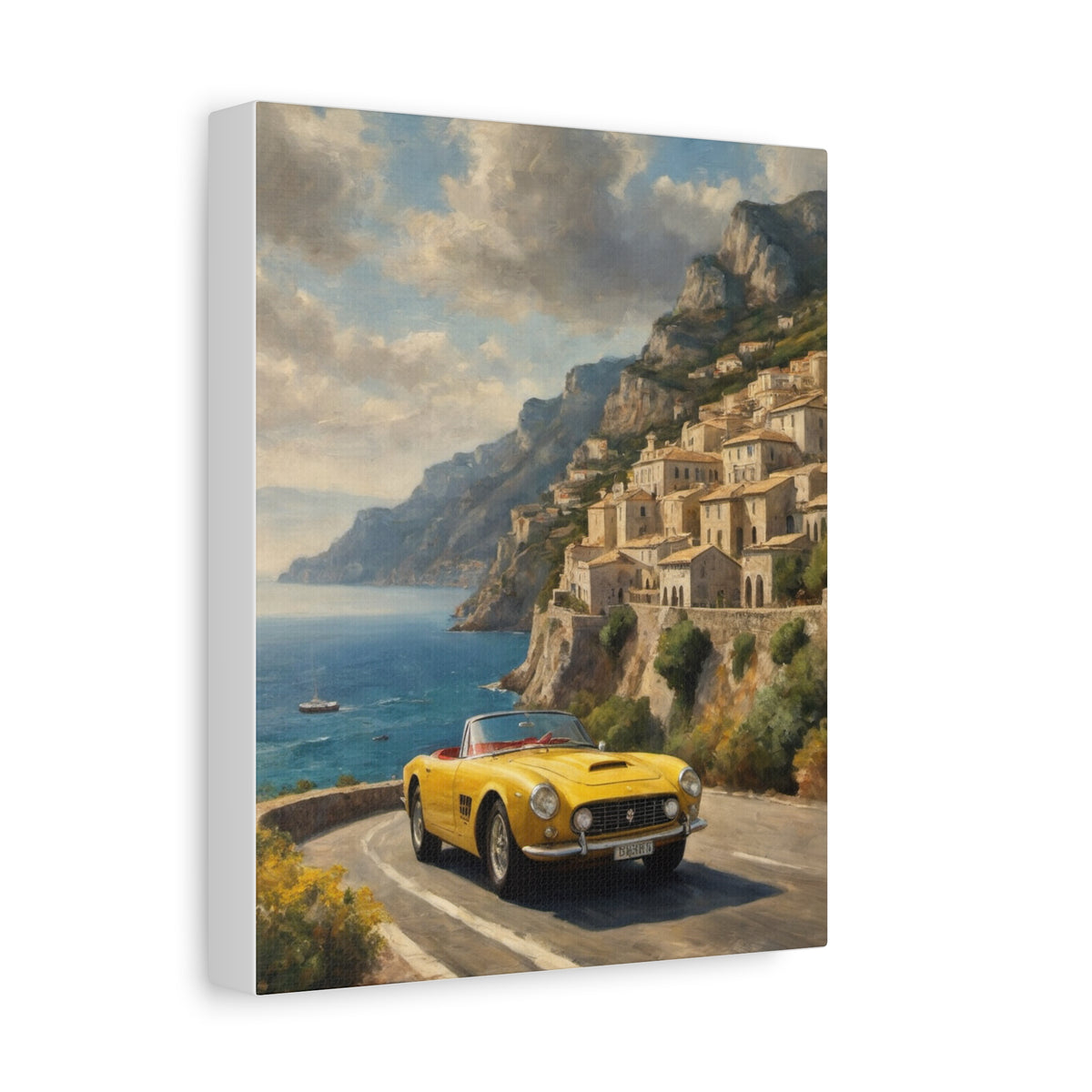 1963 Ferrari 250 GT California Spider Canvas Wall Art Vintage Amalfi Coast Painting Yellow Convertible Sports Car Stretched Canvas Print for Living Room Office Decor