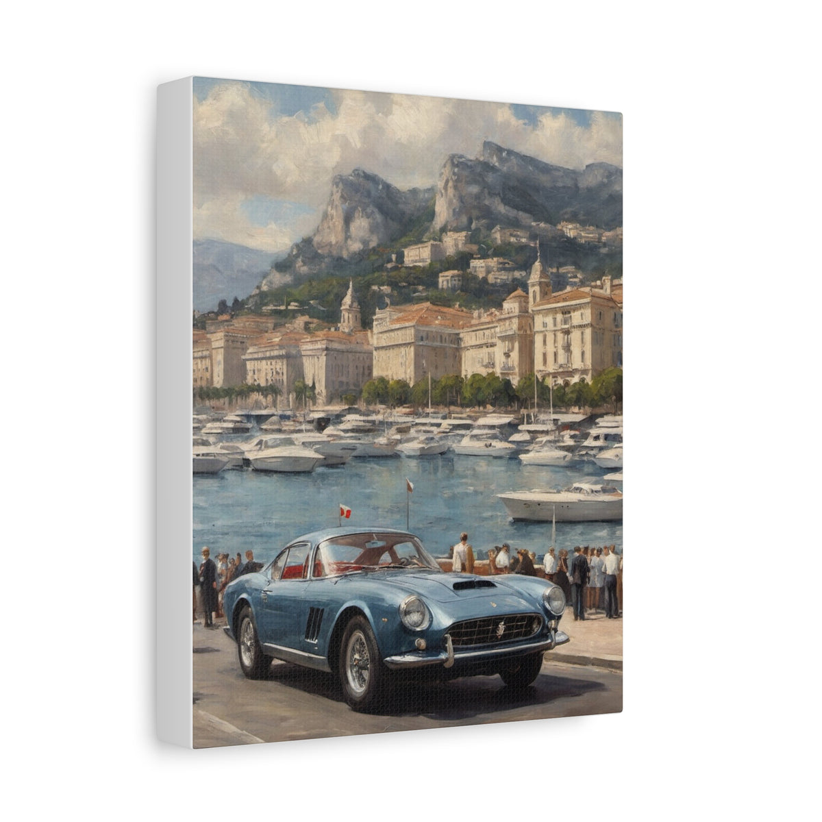 1963 Ferrari 250 GT Berlinetta Lusso Canvas Wall Art Vintage Blue Italian Sports Car Painting Monaco Harbor Yacht Stretched Canvas Print for Living Room Office Decor