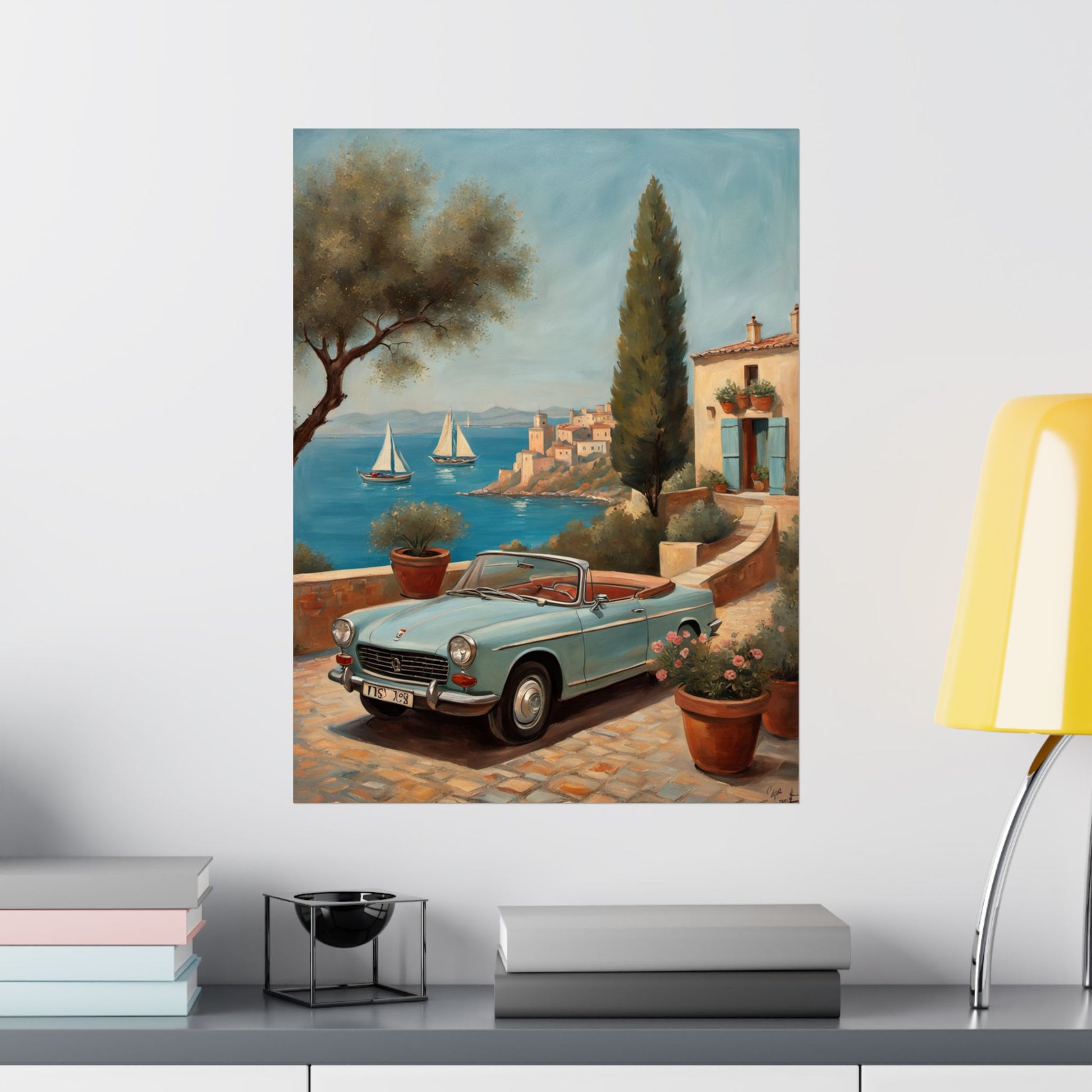 Scenic Vintage Car Art Matte Vertical Posters, Vintage Car Art, Mediterranean Vibes, Home Decor, Wall Art for Travel Lovers Printify