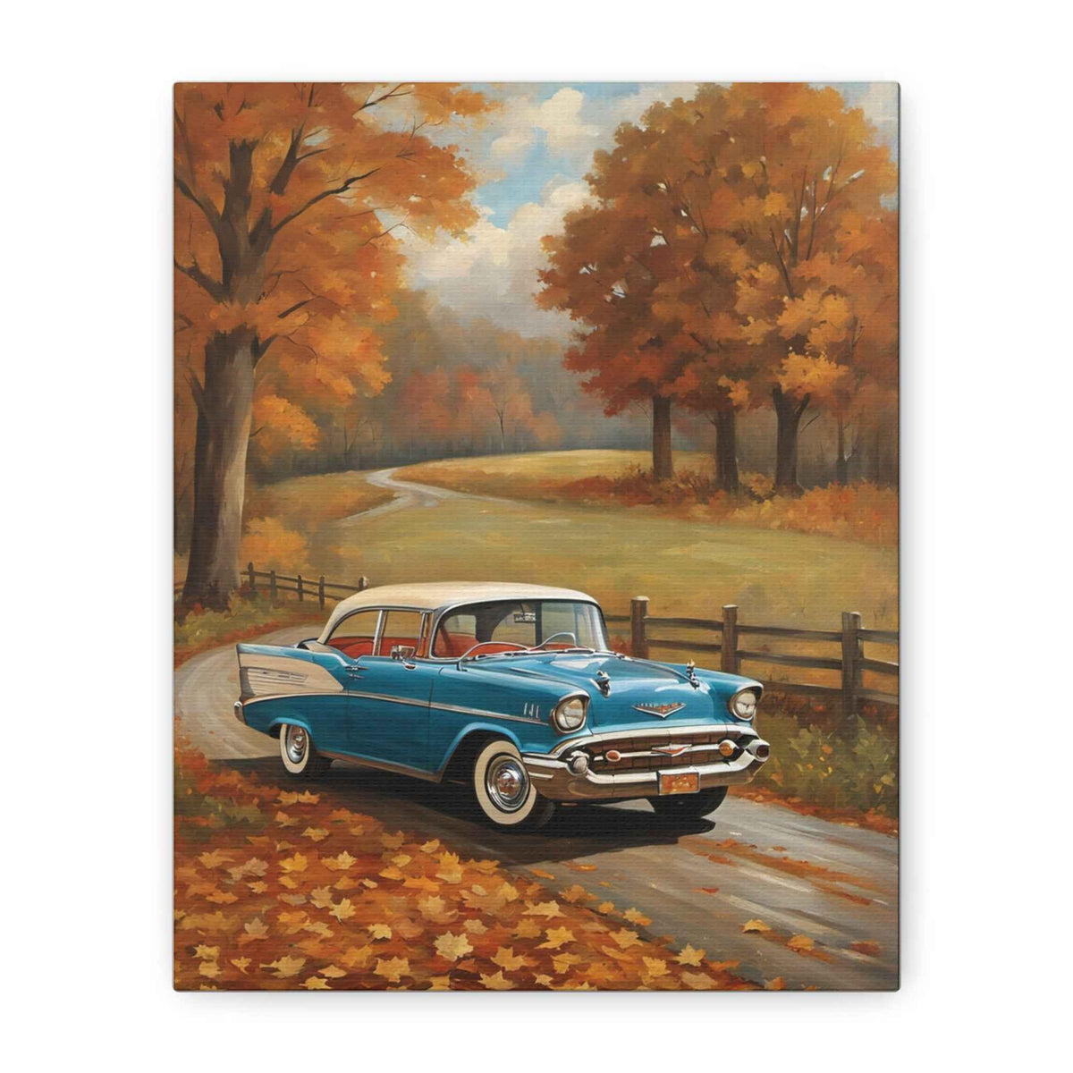 Vintage Blue Chevy Canvas Wall Art — Autumn Road Scenic Print