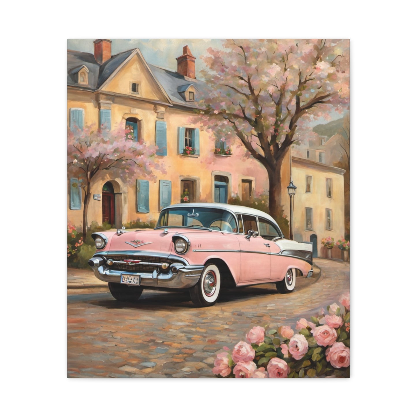 Vintage Car Canvas Print, Home Decor, Wall Art, Gift for Car Lovers, Retro Art, Floral Design, Pink Cadillac - AquilVision