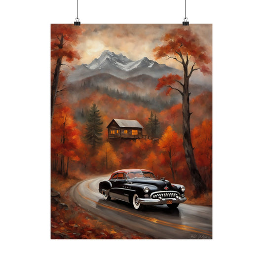 Autumn Landscape Poster, Vintage Car Art, Fall Home Decor, Rustic Wall Art, Cozy Cabin Decor, Gift for Car Lovers