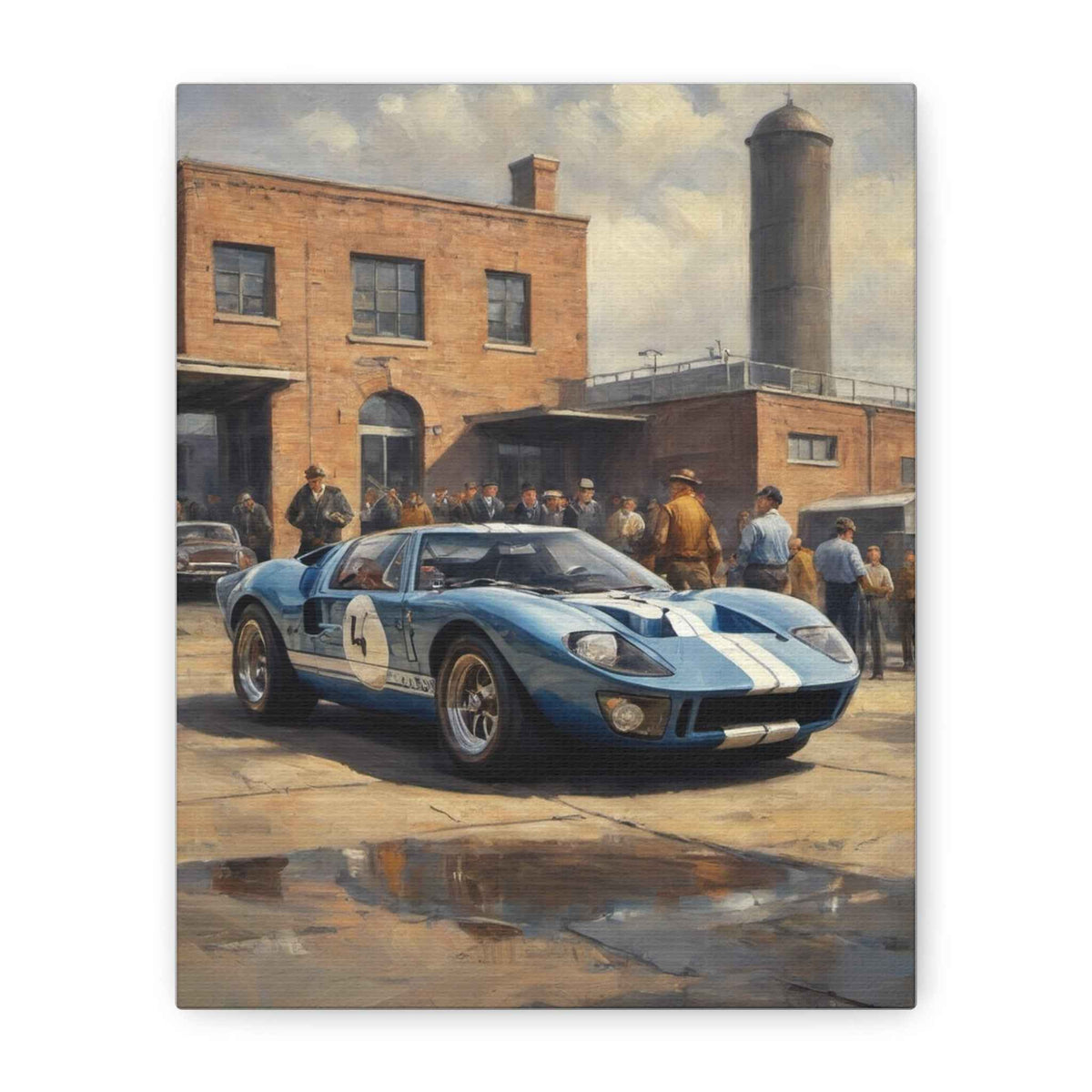 Vintage Racecar Canvas Print — Blue GT40 at Garage Scene (Stretched Matte)