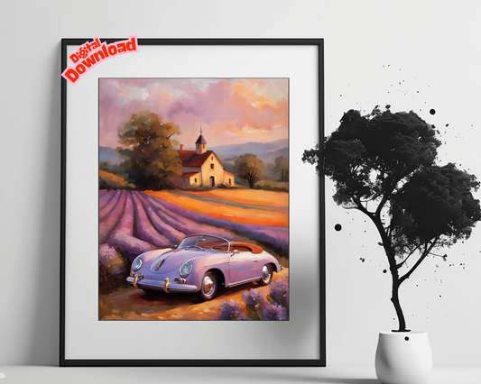 AquilVision Vintage Car and Lavender Field Print Digital Art