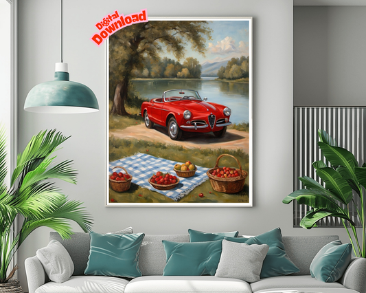 AquilVision Lakeside Picnic Oil Painting Print Digital Art