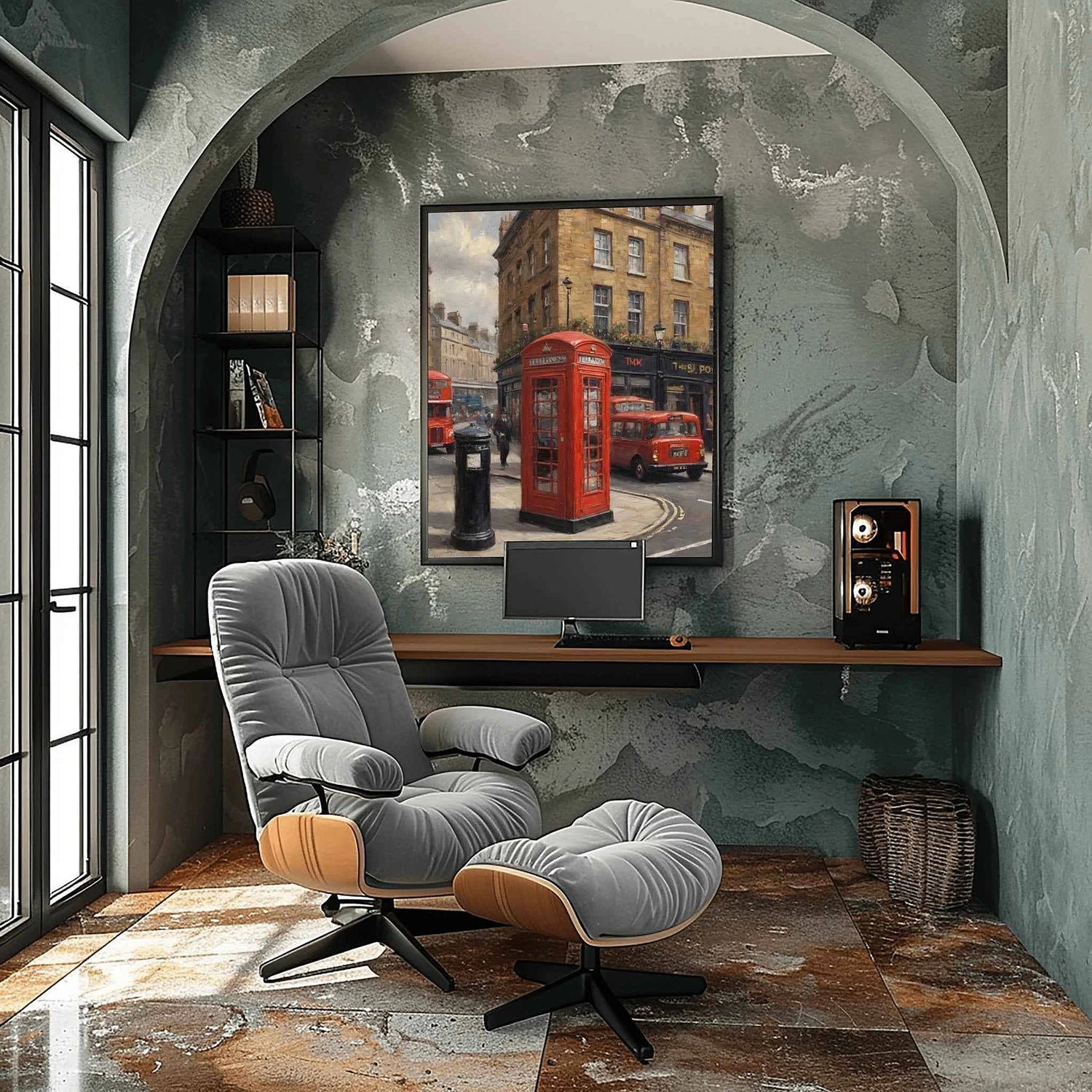 London Calling: Ikonische rote Telefonzelle & Ölgemälde einer klassischen Stadtstraße