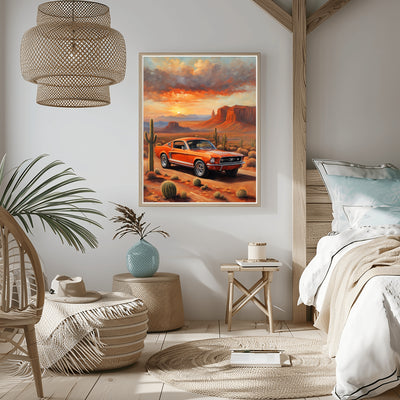 American car wall art print featuring a vintage orange car in a desert landscape with cacti and mountains