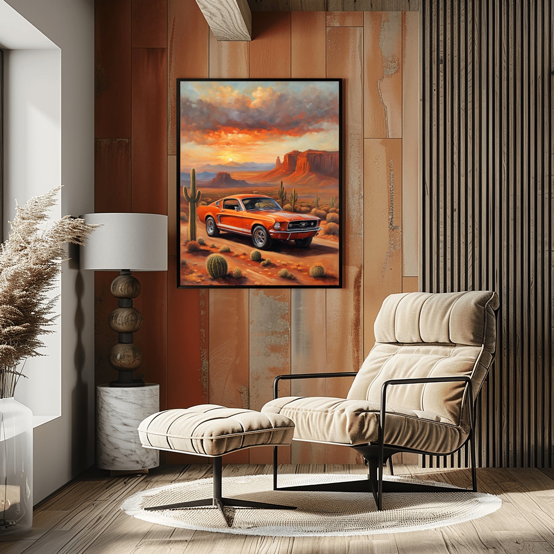 American car wall art print featuring a classic orange muscle car in a desert landscape with cacti and sunset