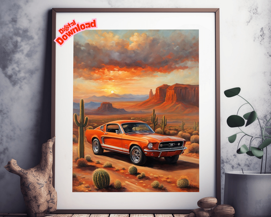 American car wall art print of a classic orange muscle car in a desert landscape at sunset