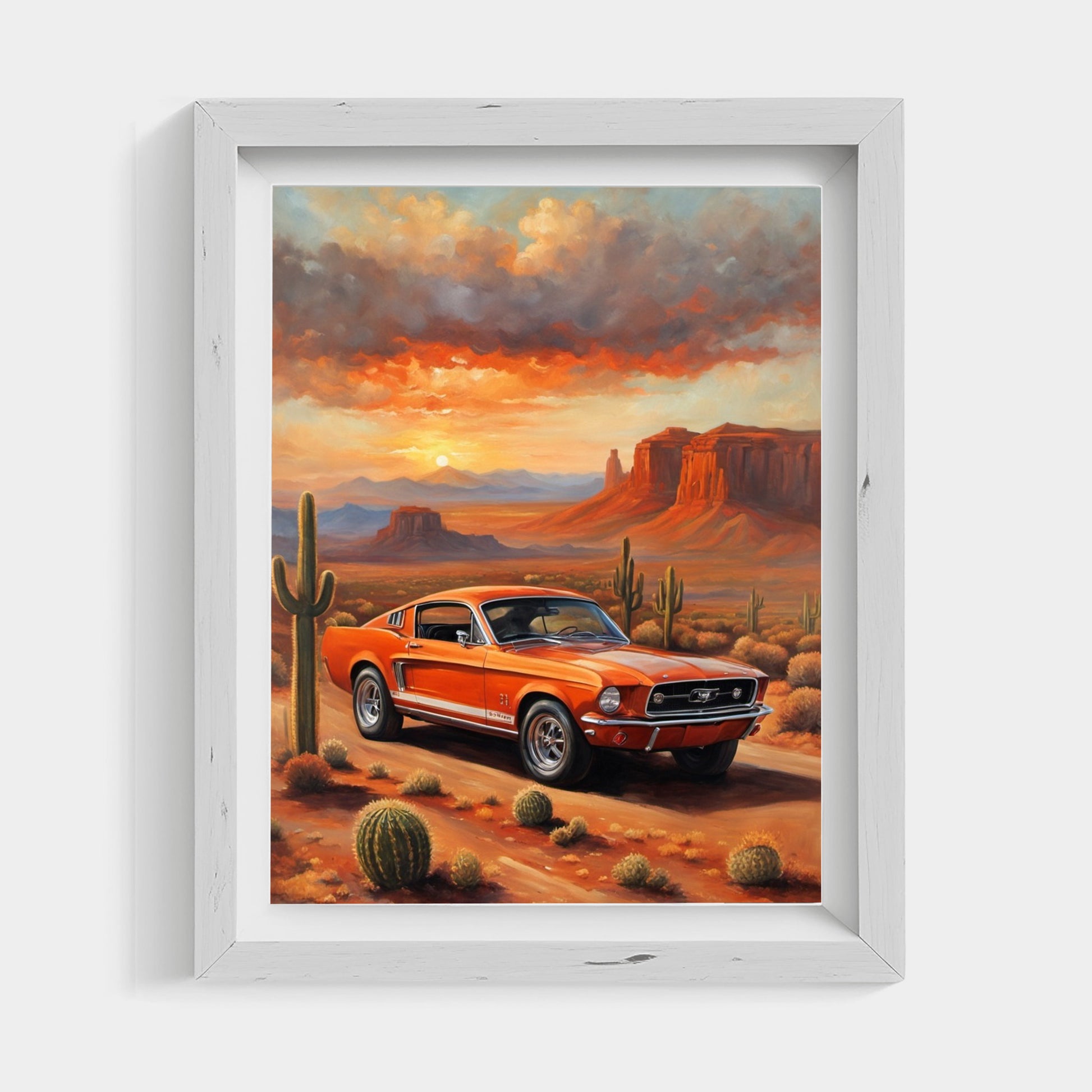 American car wall art print featuring a classic orange muscle car in a desert landscape at sunset