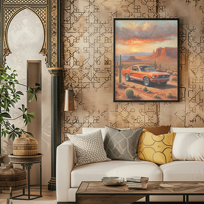 American car wall art print featuring a vintage red car in a desert landscape hanging above white sofa in stylish living room