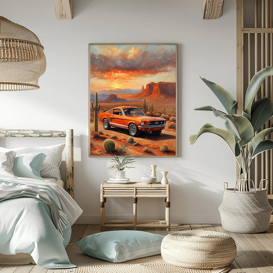 American car wall art print featuring an orange classic car in a desert landscape with cacti and red rock formations