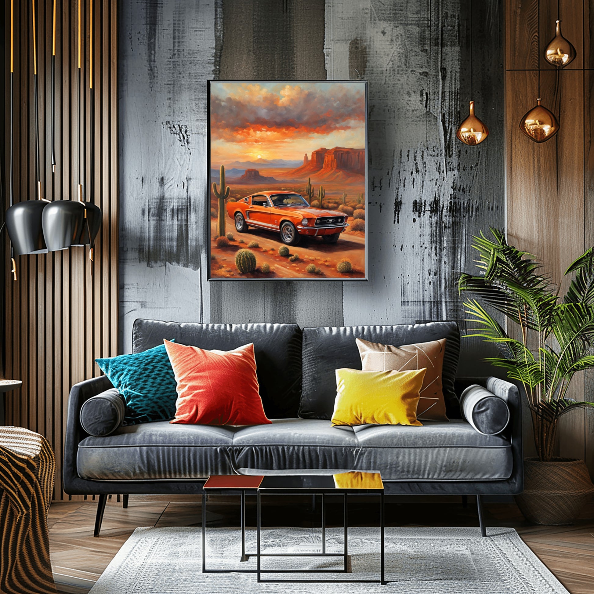 American car wall art print featuring a classic orange car in a desert landscape with cacti and mountains