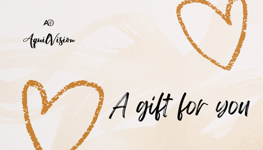 AquilVision gift card with a beige background, two orange heart outlines, and text A gift for you