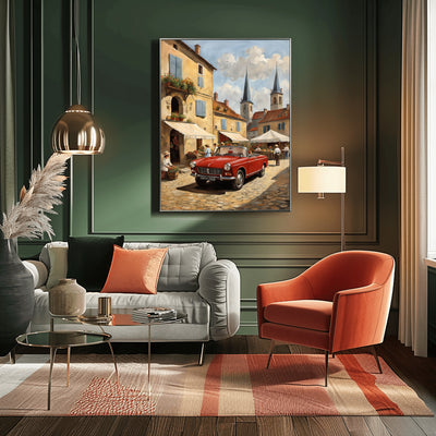 AquilVision digital wall art showing a bustling market scene painting of a European street with a red vintage car