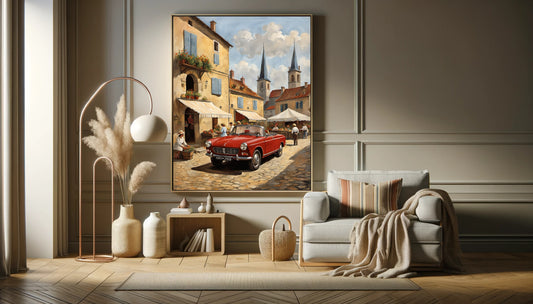 AquilVision digital wall art of a bustling market scene painting featuring a red vintage car in a European town square