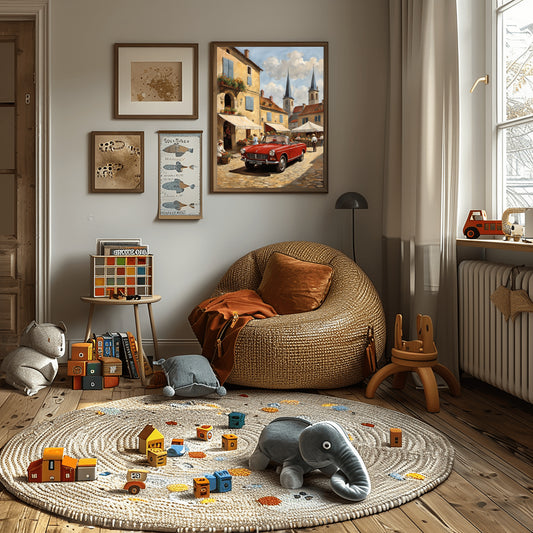 AquilVision digital print of a bustling market scene painting framed on wall above cozy kids playroom