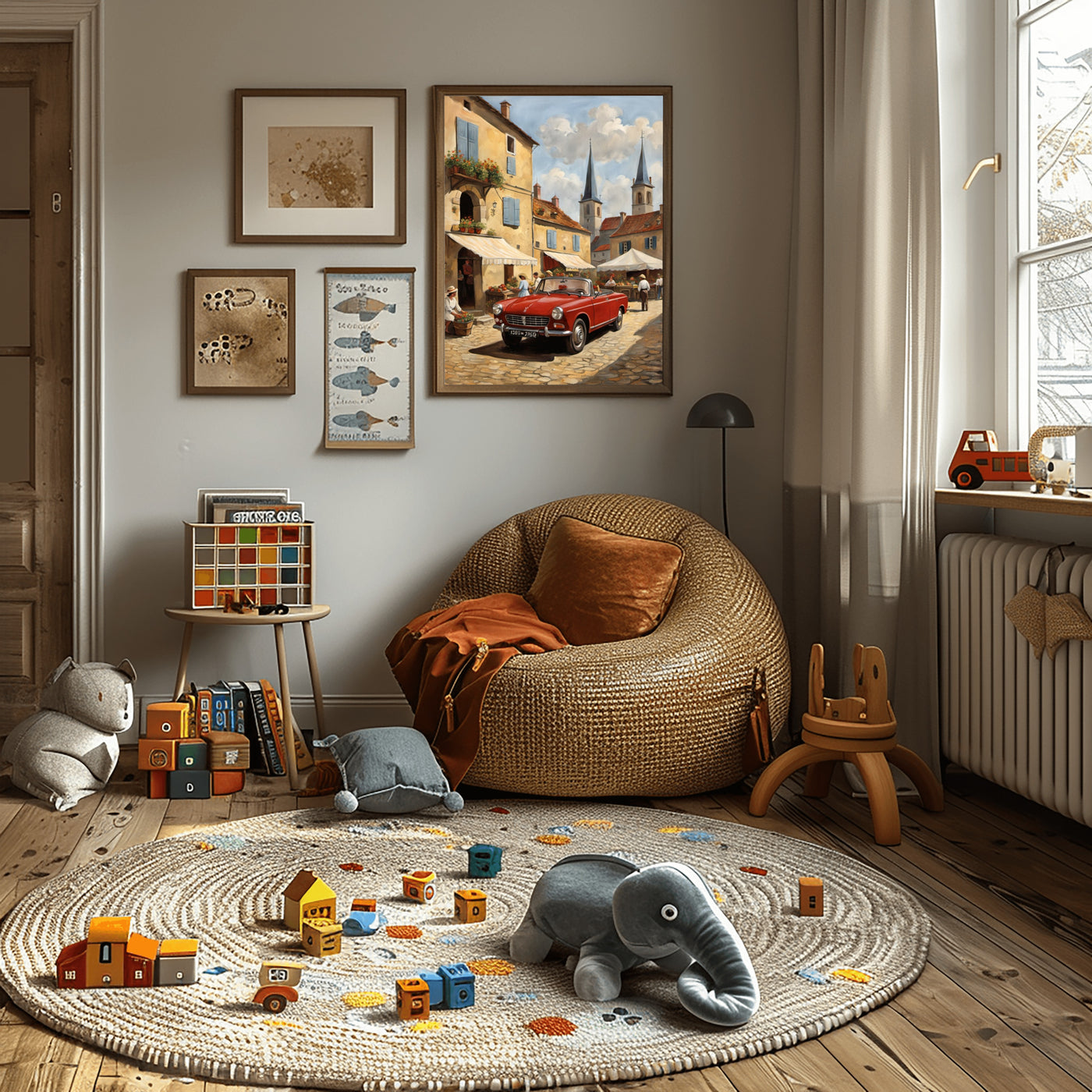 AquilVision digital print of a bustling market scene painting framed on wall above cozy kids playroom