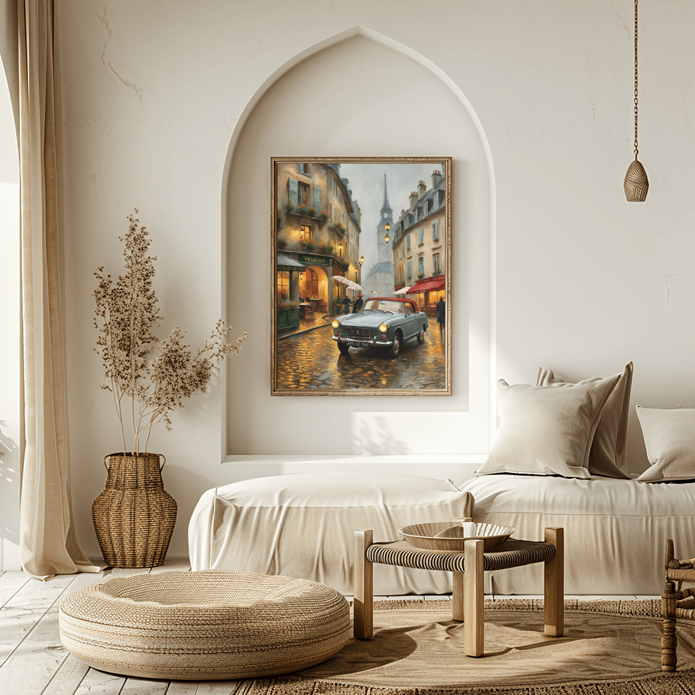 AquilVision digital Paris painting of vintage car and Eiffel Tower in neutral sofa alcove Parisian street decor for living room