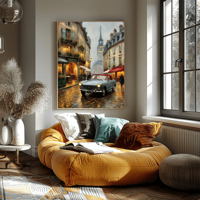 AquilVision digital print Parisian street decor for living room showing vintage car on a rainy Paris street