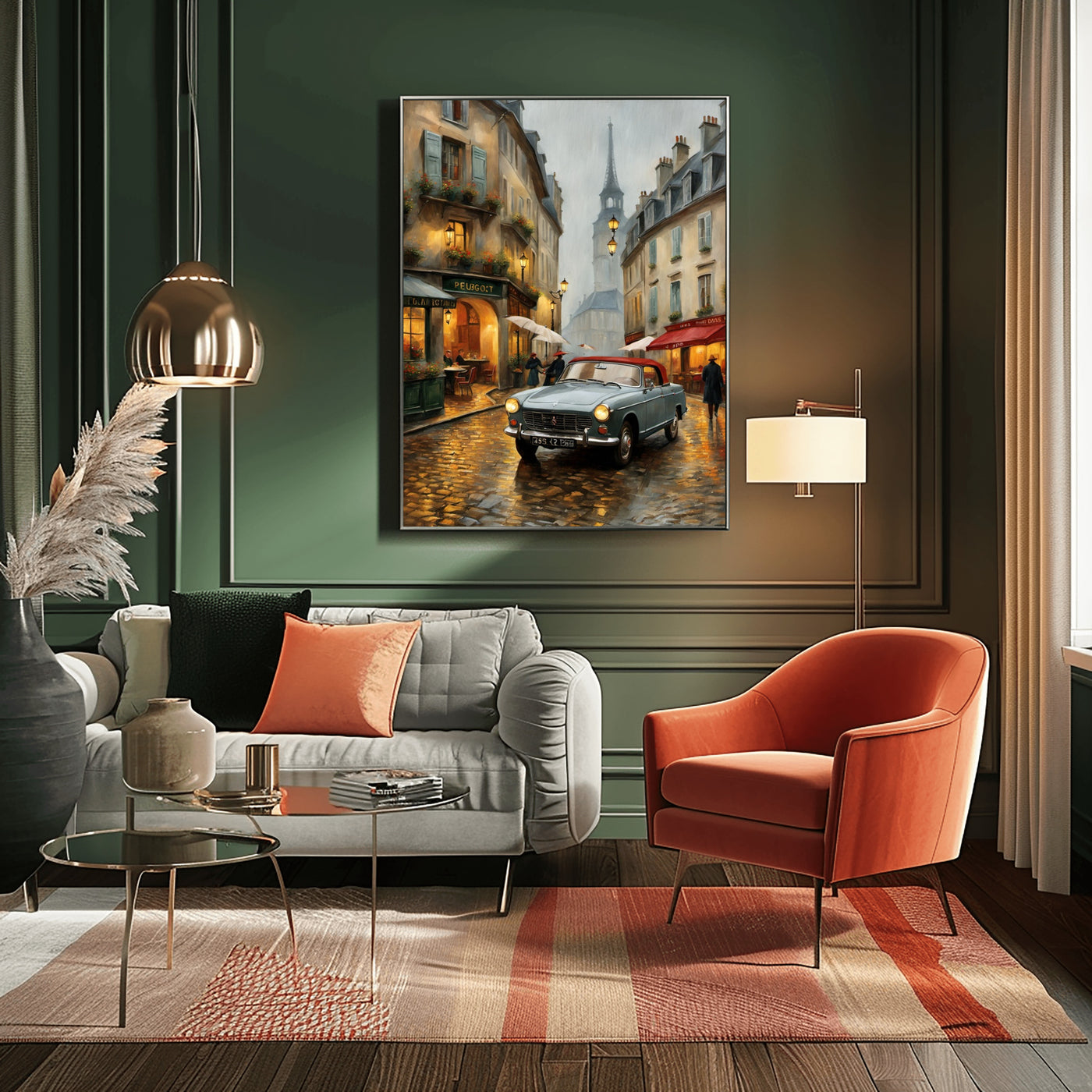 AquilVision digital wall art vintage Paris street scene with classic car above sofa Parisian street decor for living room