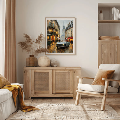 AquilVision digital print of framed rainy Paris street with vintage car and Eiffel Tower Parisian street decor for living room