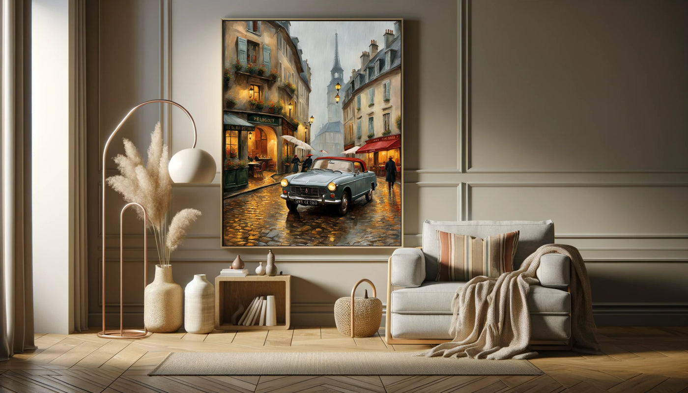 AquilVision digital print Parisian street decor for living room showing rainy Paris scene with vintage car