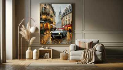 AquilVision digital print Parisian street decor for living room showing rainy Paris scene with vintage car