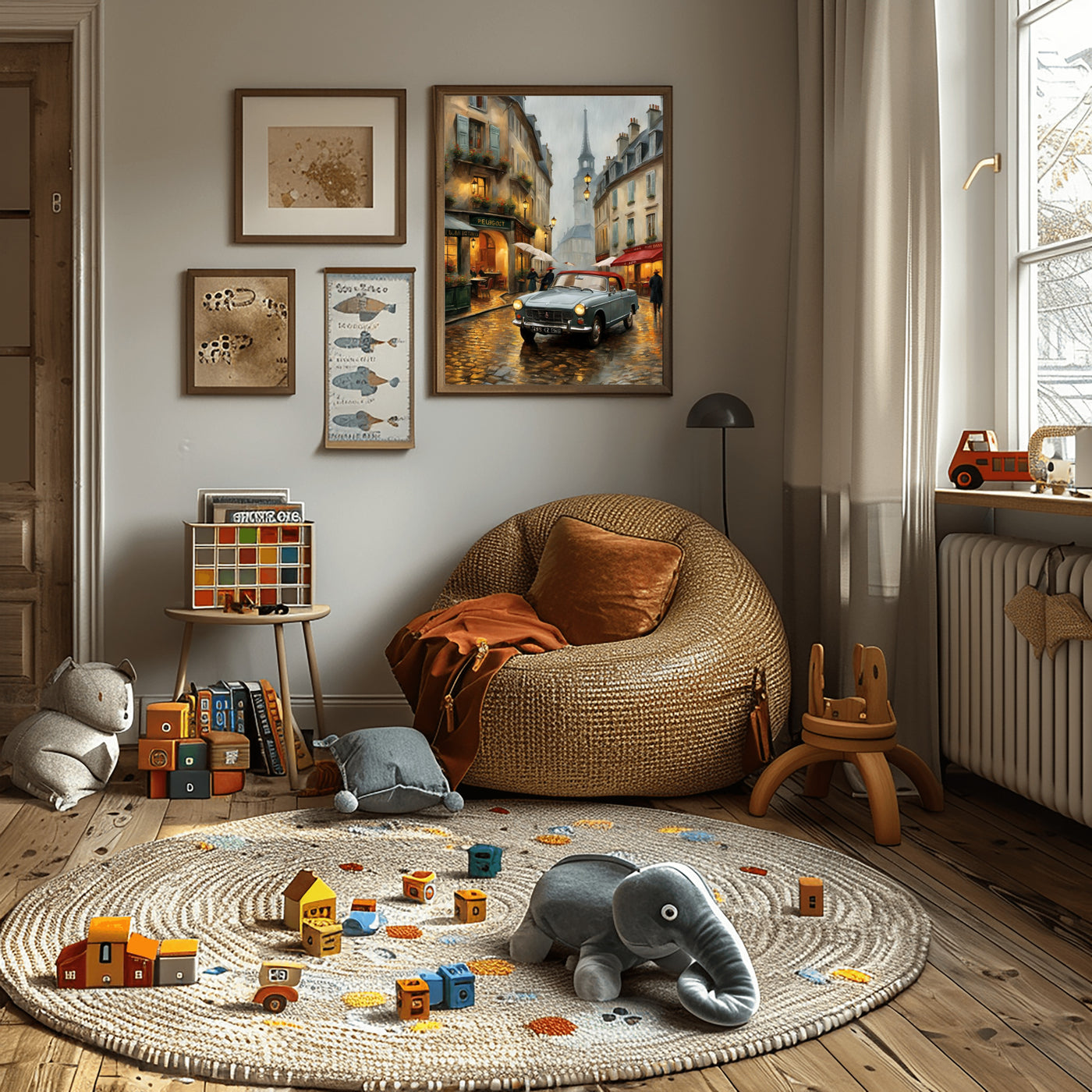 AquilVision digital art print showing Parisian street decor for living room above a wicker chair in cozy playroom