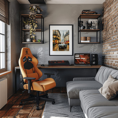 AquilVision Parisian street decor for living room framed print above desk in modern gaming living room setup