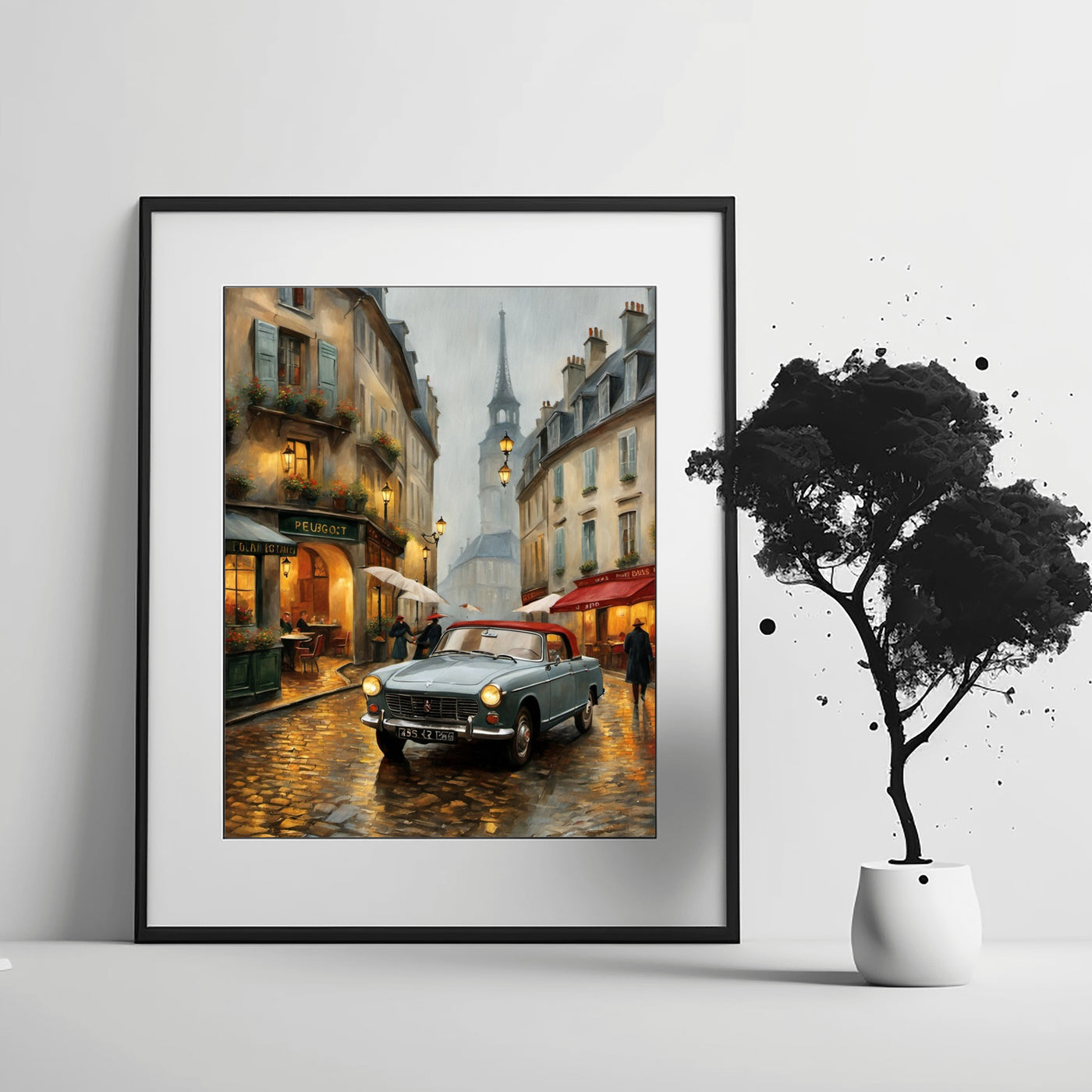 AquilVision digital print of vintage Paris street scene with Eiffel Tower and car Parisian street decor for living room