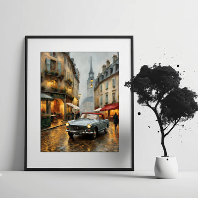 AquilVision digital print of vintage Paris street scene with Eiffel Tower and car Parisian street decor for living room