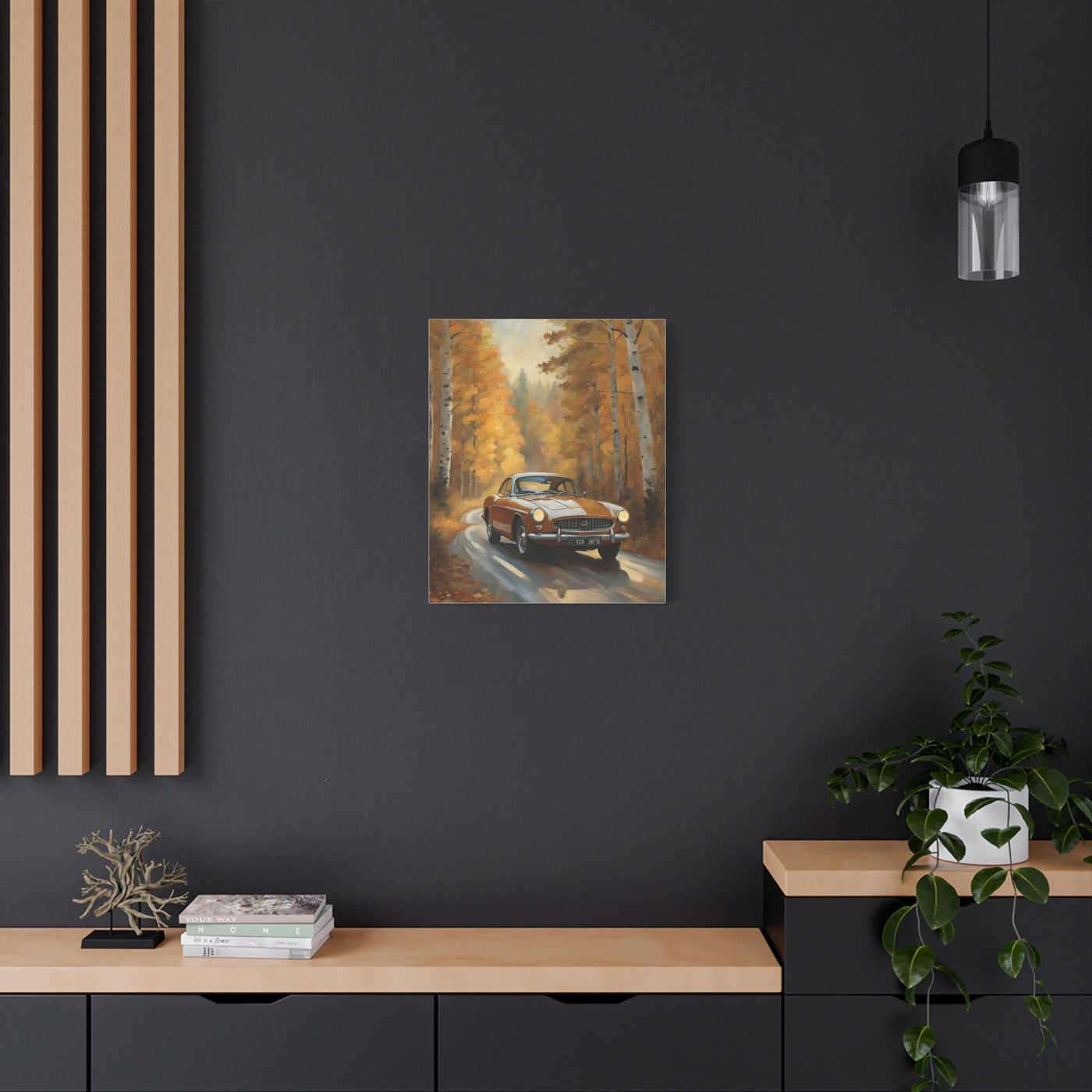 Autumn Car Canvas featuring a classic car driving through a scenic forest in fall colors