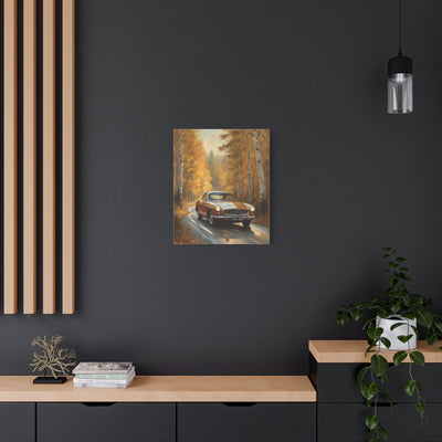 Autumn Car Canvas featuring a classic car driving through a scenic forest in fall colors