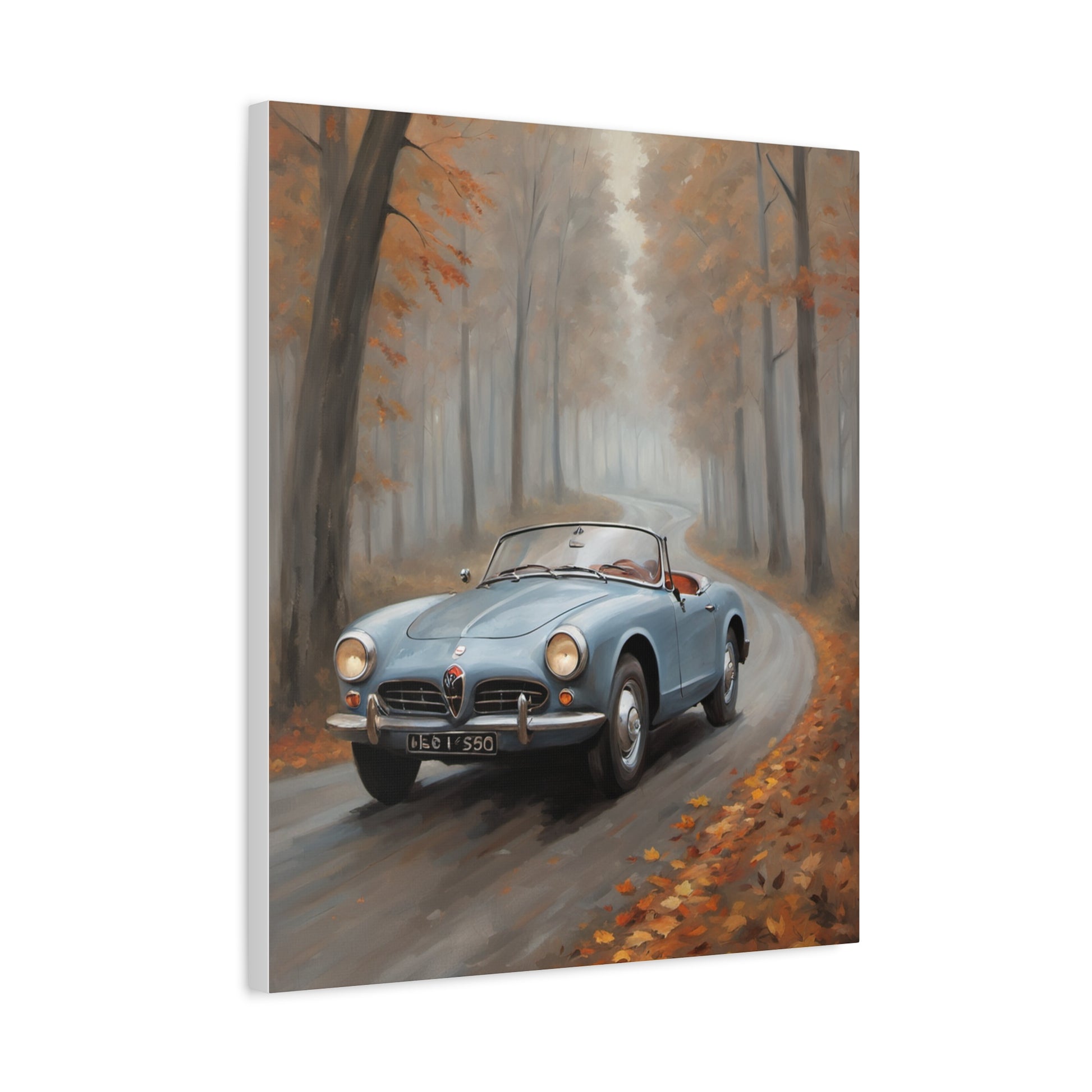 Autumn Car Canvas featuring a vintage car driving on a scenic autumn road surrounded by orange leaves