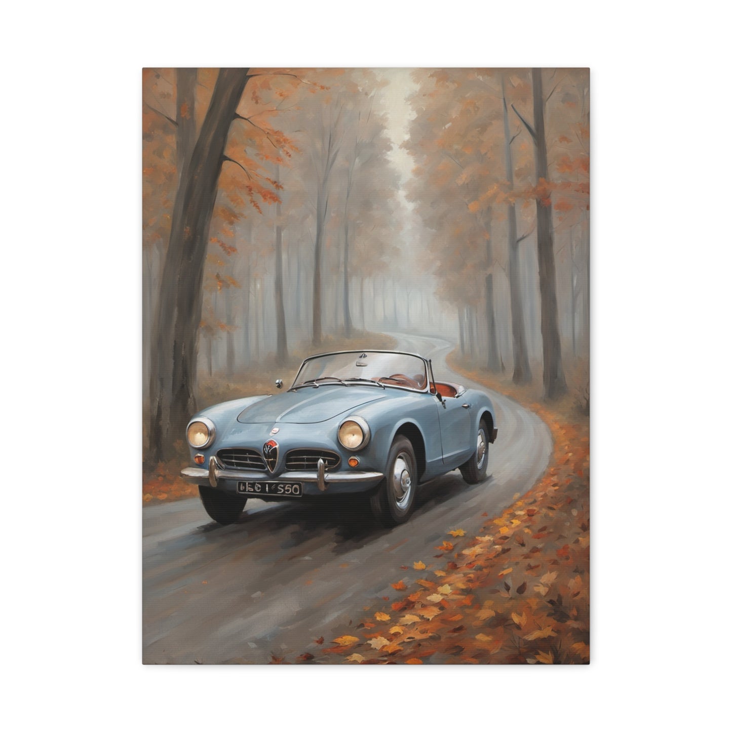 Autumn Car Canvas featuring a vintage blue convertible driving through a scenic fall landscape