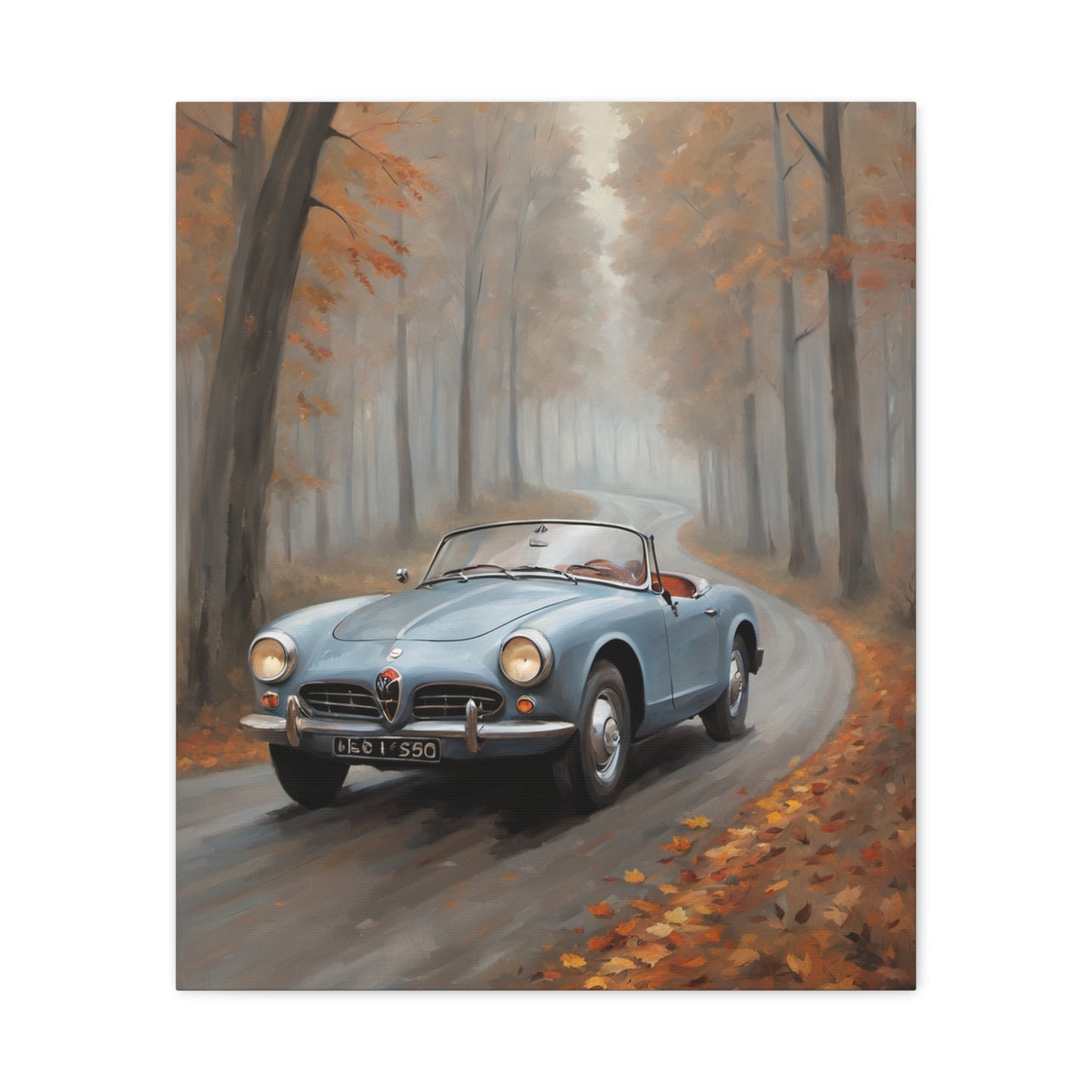 Autumn Car Canvas featuring a vintage blue convertible on a misty road surrounded by fall foliage