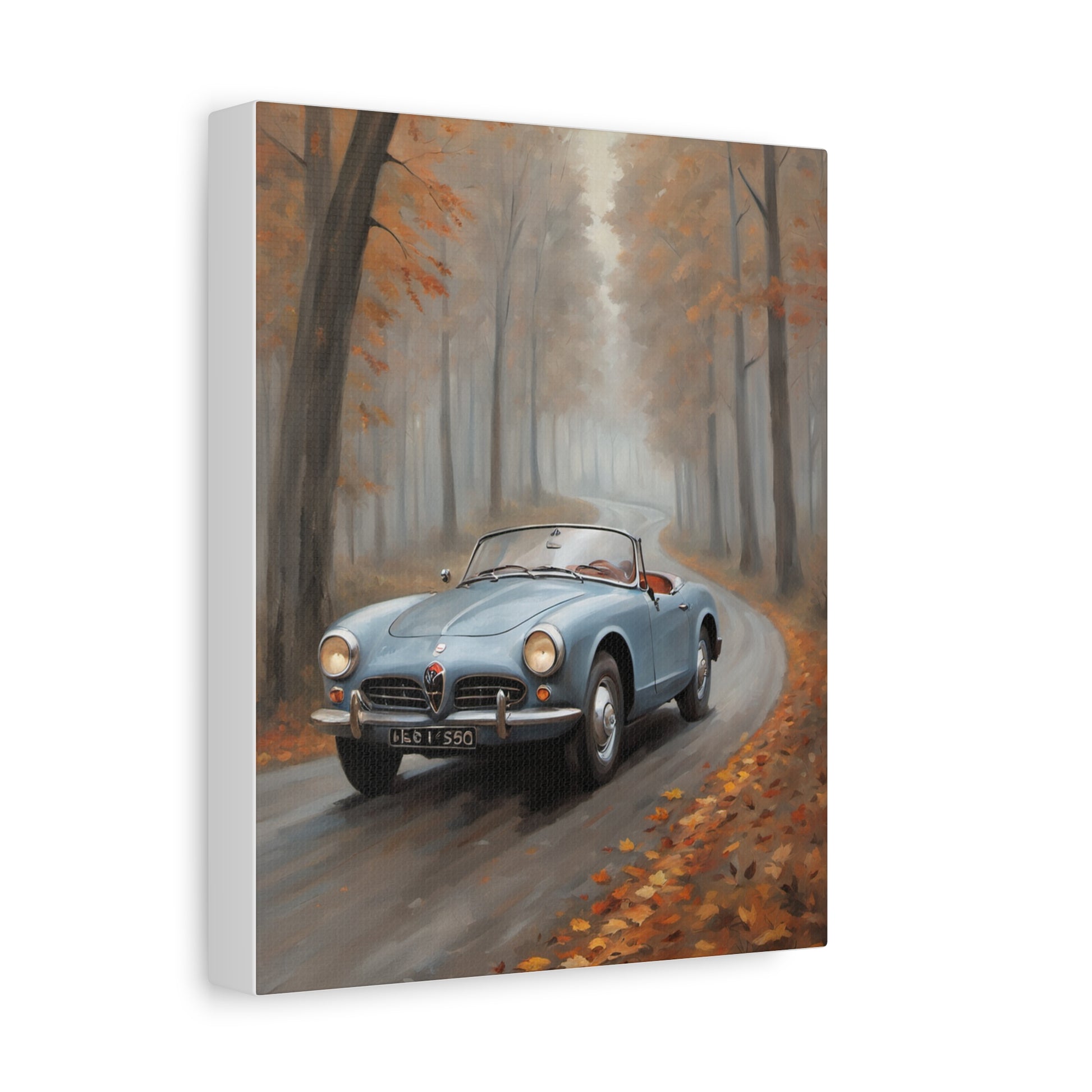 Autumn Car Canvas featuring a classic blue convertible driving on a tree-lined road with fall foliage