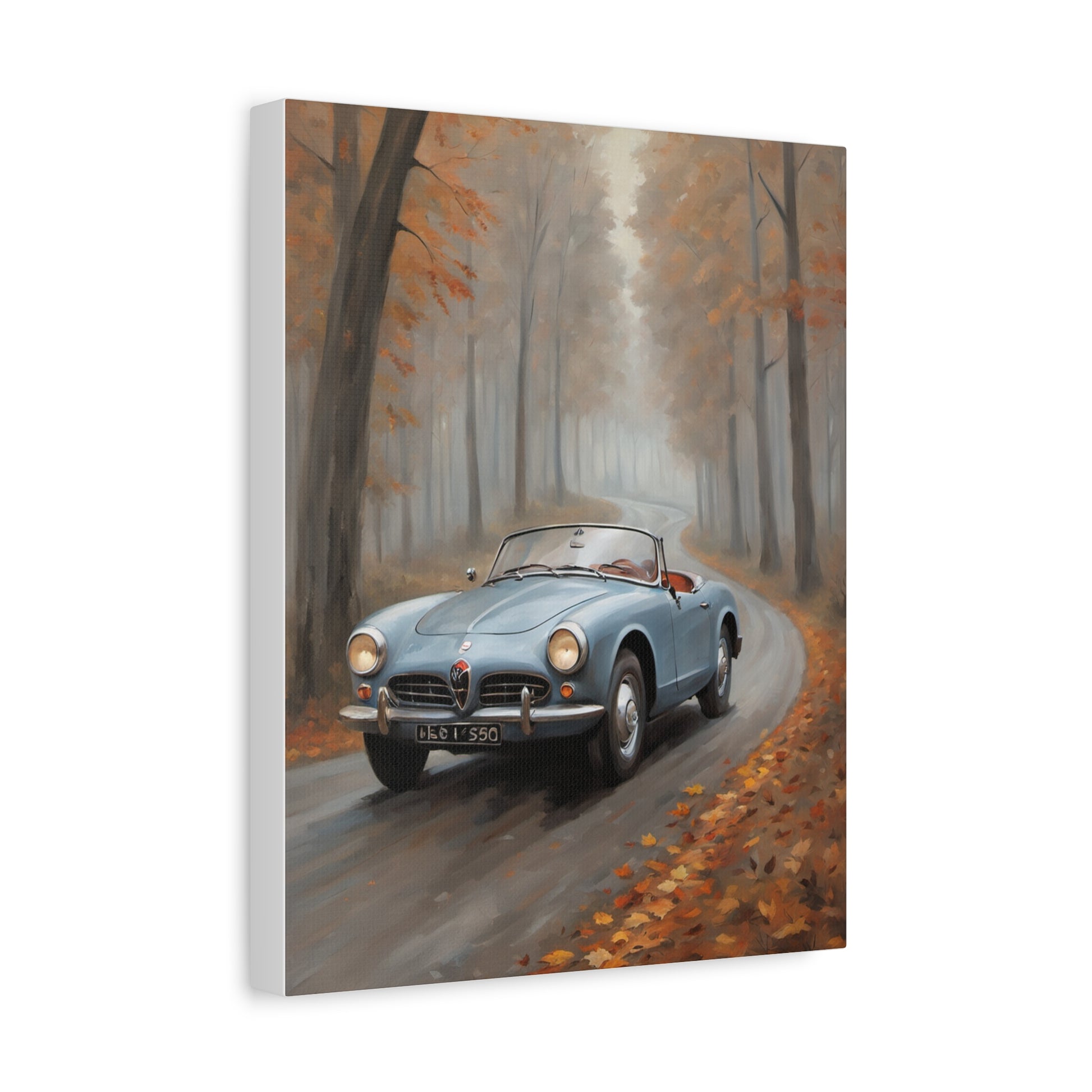 Autumn Car Canvas featuring a classic blue convertible on a tree-lined road with falling leaves