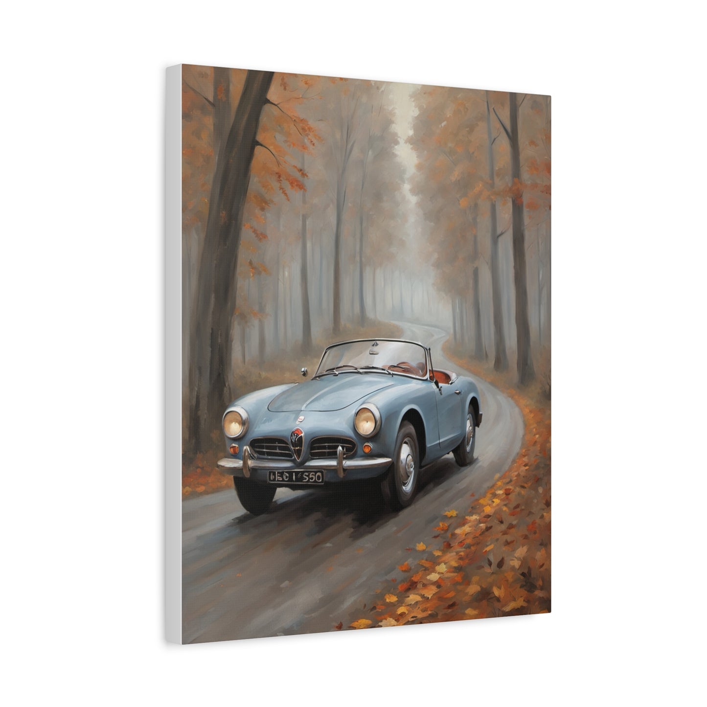 Autumn Car Canvas featuring a vintage blue convertible on a scenic autumn road