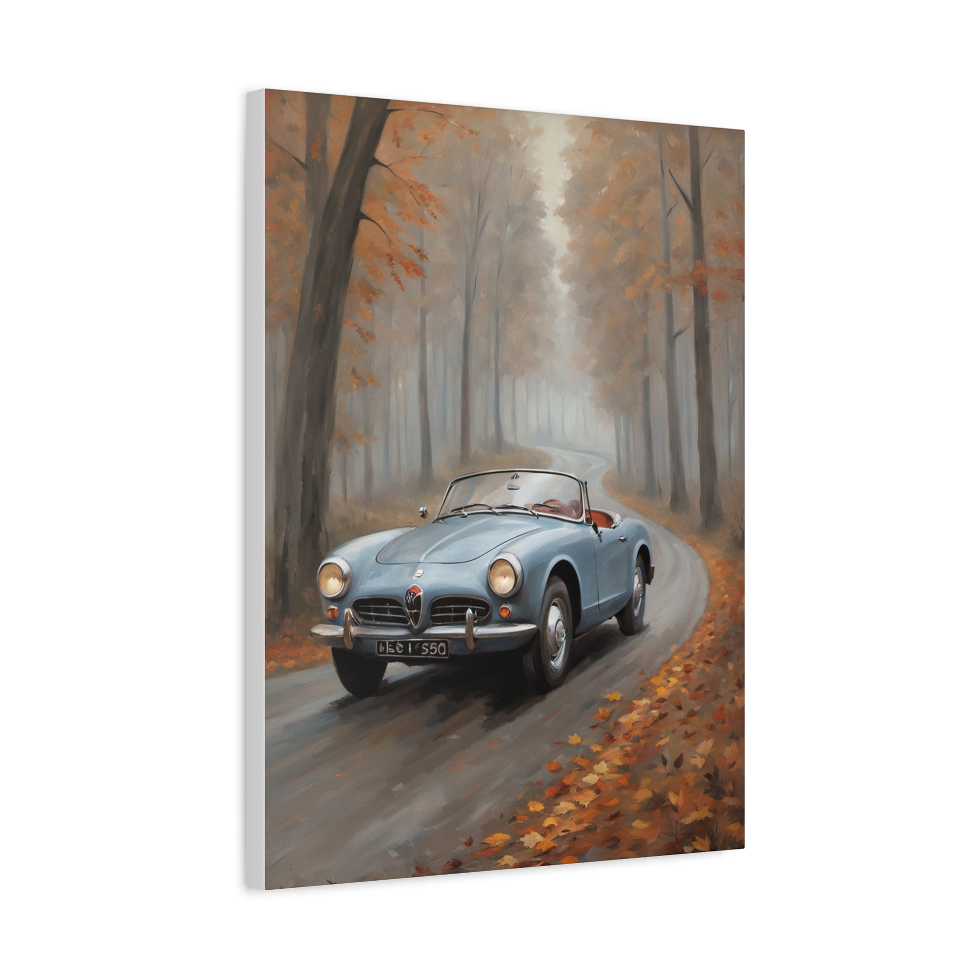 Autumn Car Canvas featuring a vintage blue convertible driving through a foggy fall landscape