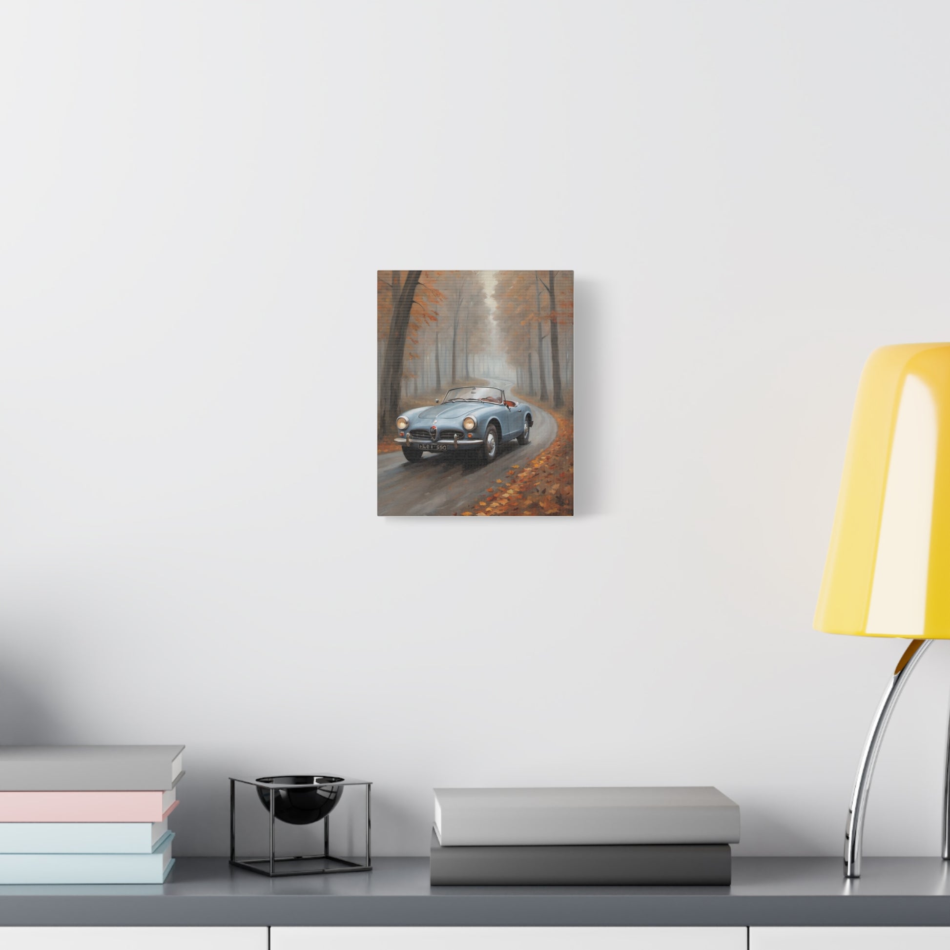 Autumn Car Canvas featuring a vintage car driving through a foggy, autumn landscape