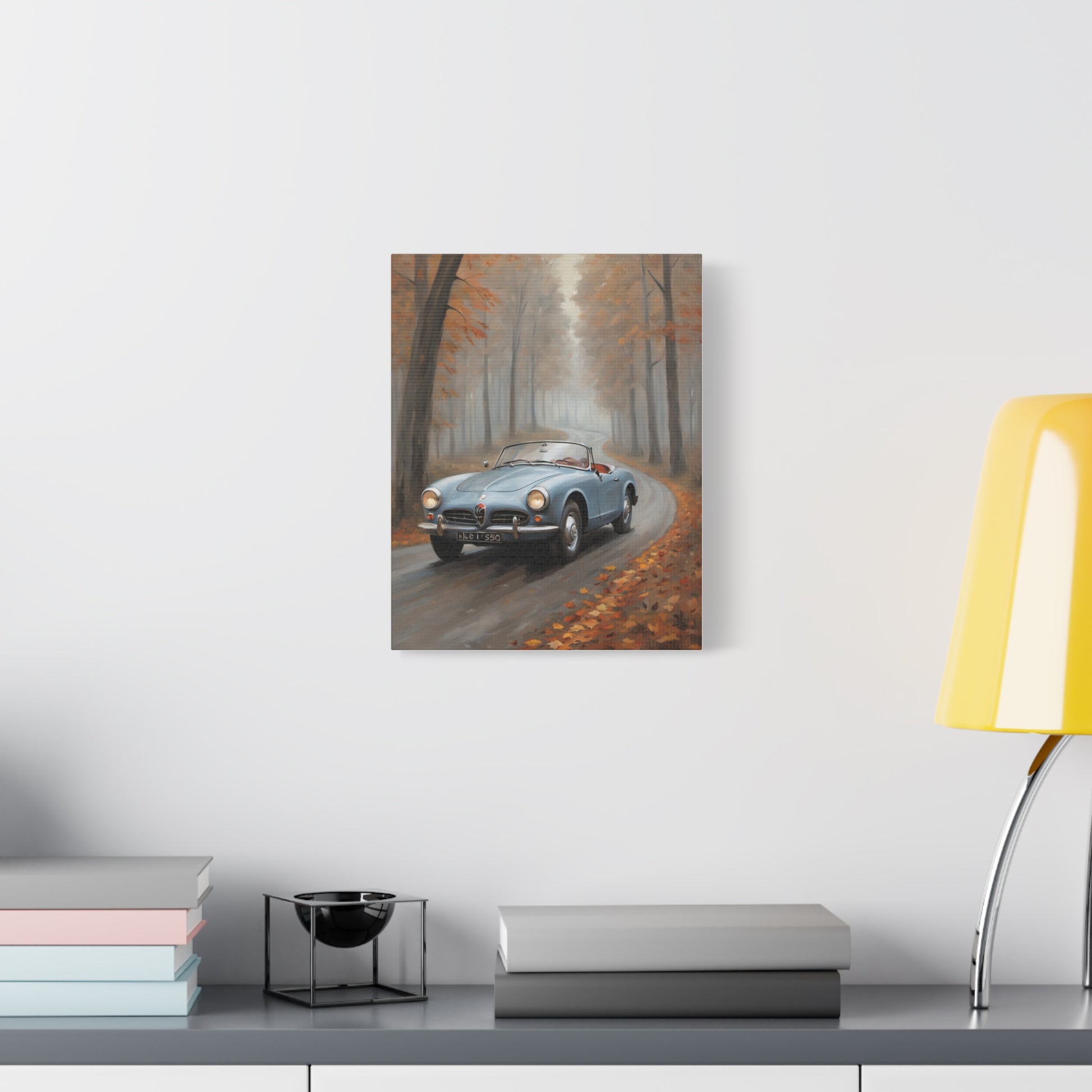 Autumn Car Canvas featuring a vintage car driving through a scenic fall forest landscape