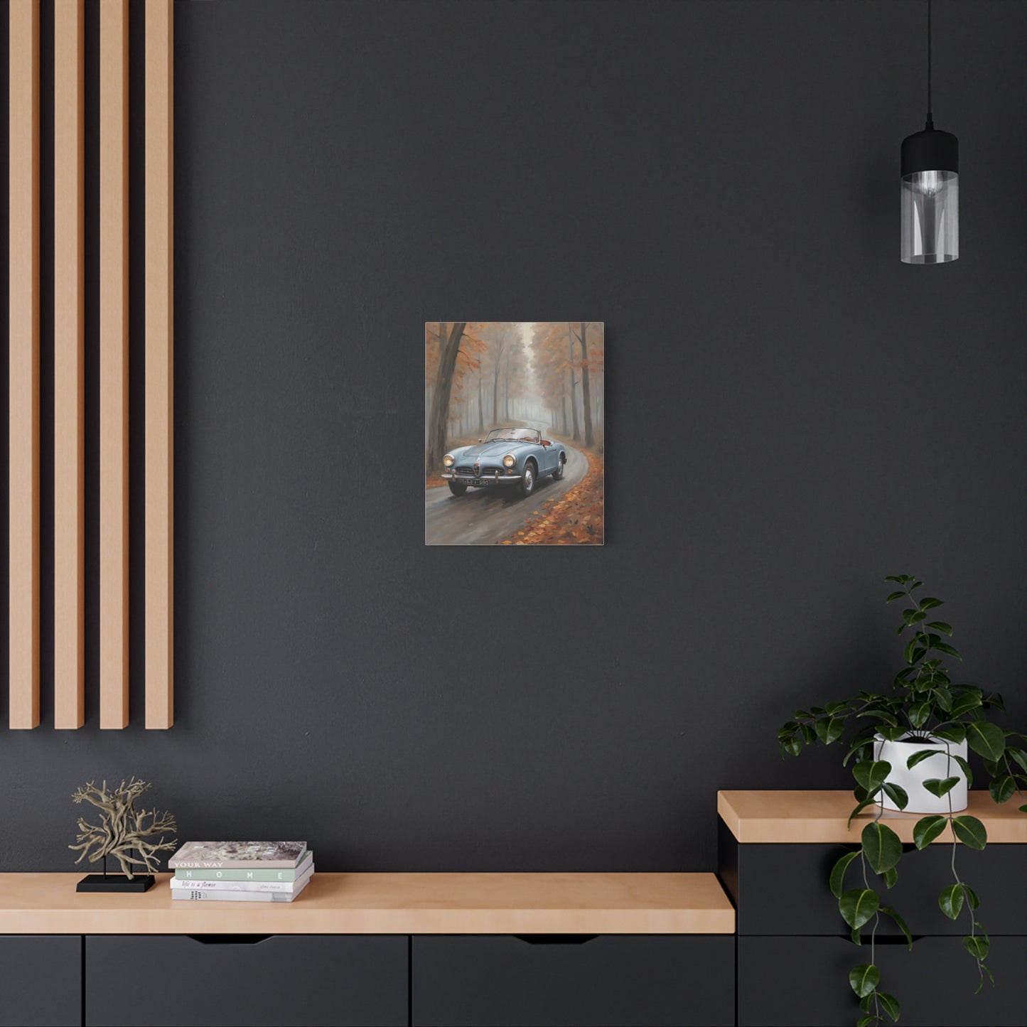 Autumn Car Canvas featuring a scenic view of a car on a forest road with autumn foliage